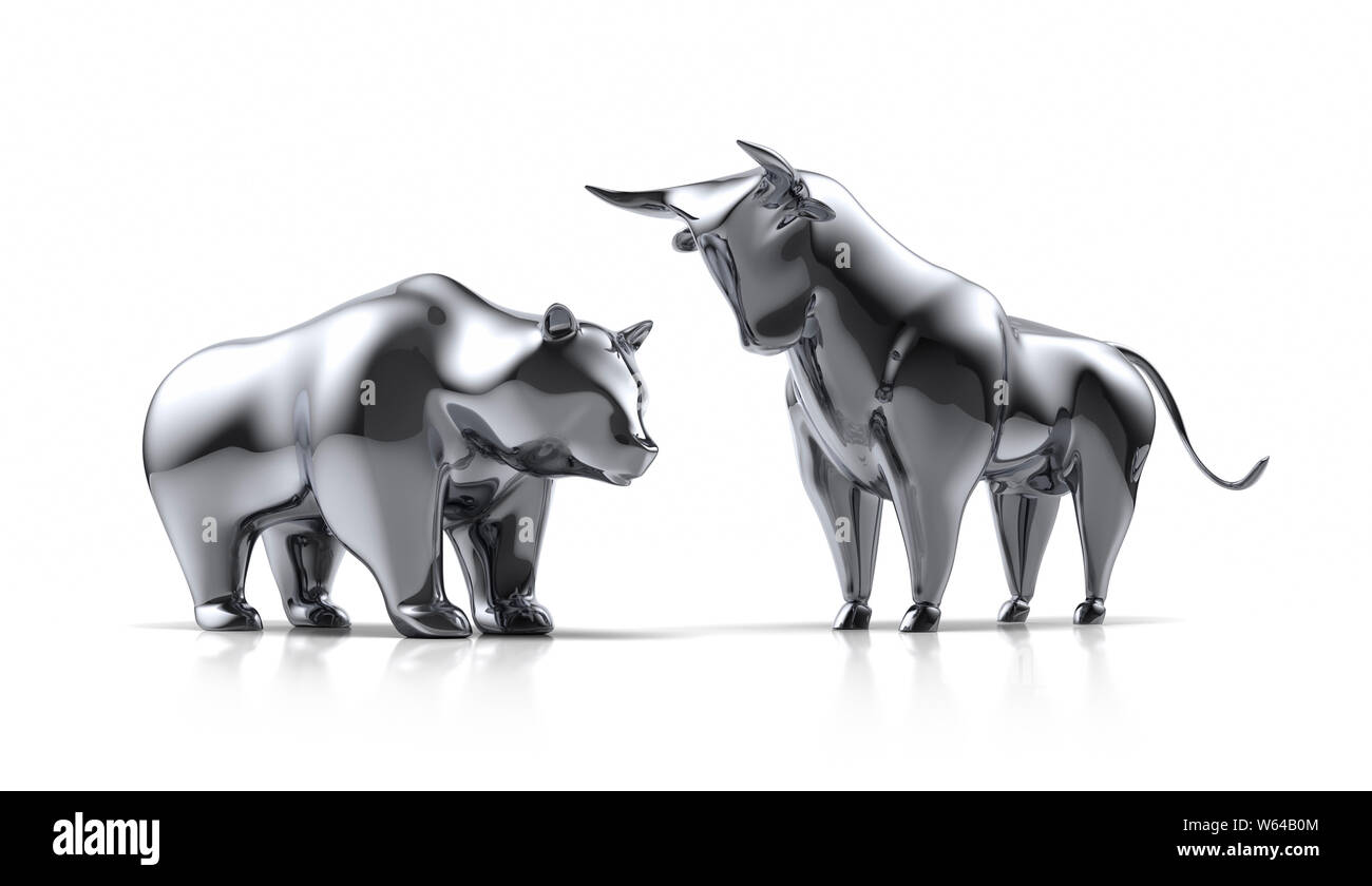 Silver bull and bear on a white background - 3D illustration - Bulle und Bär Stock Photo