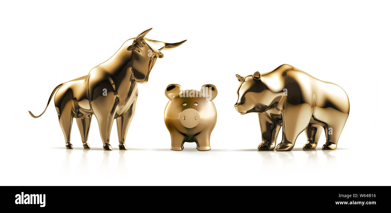 Golden bull and bear with a piggy bank on a white background - 3D illustration - Bulle und Bär Stock Photo