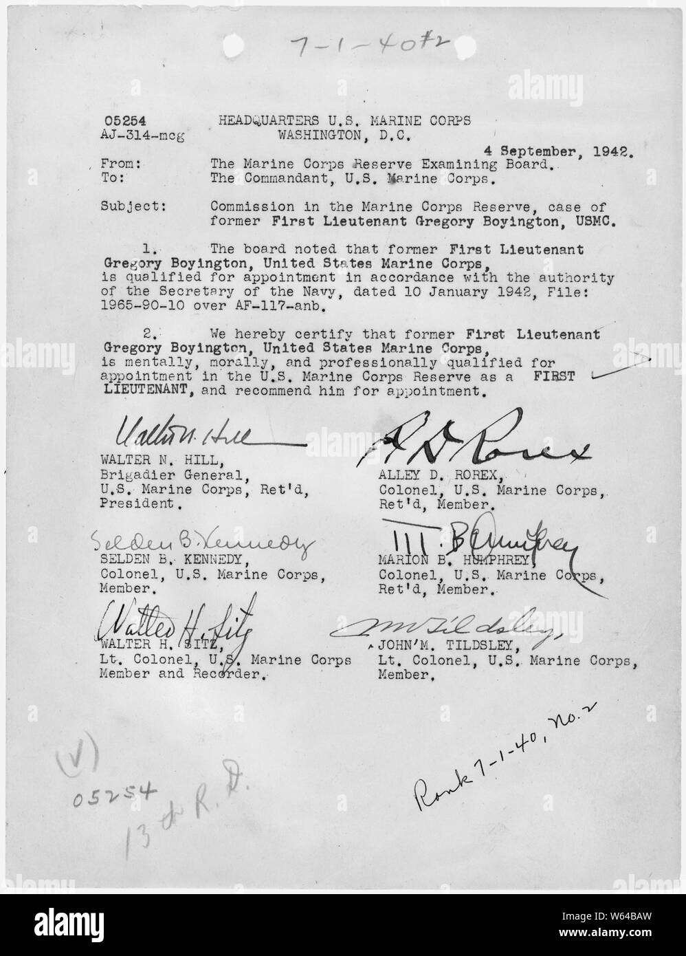 Correspondence from the Marine Corps Reserve Examining Board to the Commandant of the Marine Corps recommending that Boyington be appointed a First Lieutenant in the Marine Corps Reserve. Stock Photo
