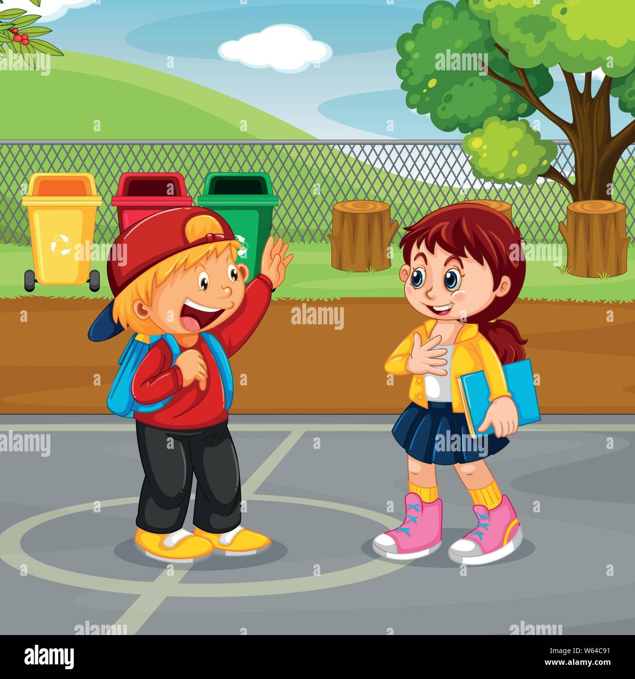 Boy and girl meeting in park illustration Stock Vector