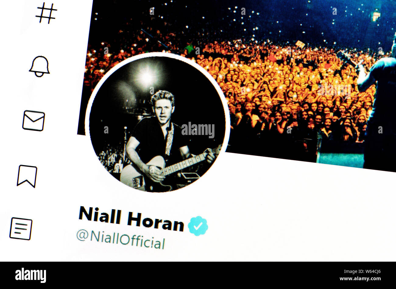 Twitter page (July 2019) Niall Horan -  Irish singer, member of One Direction Stock Photo