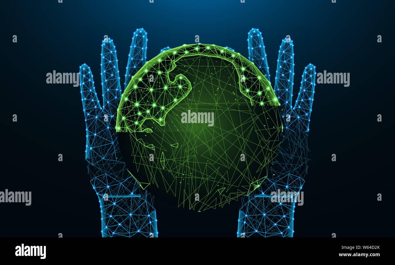 Hands and Earth low poly design, save the planet in polygonal style, future, nature and ecology of the earth wire frame vector illustration made from Stock Vector