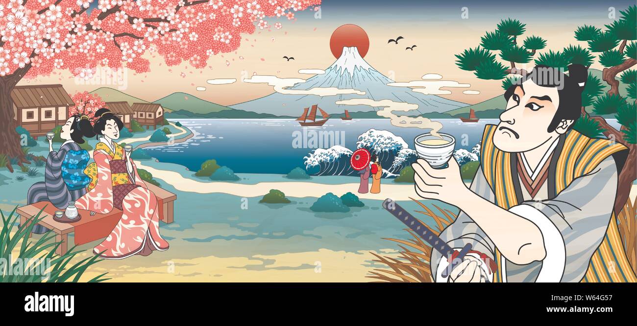 Ukiyo E Style Japanese People Drinking Rice Wine Or Tea And Viewing Beautiful Fuji Mountain