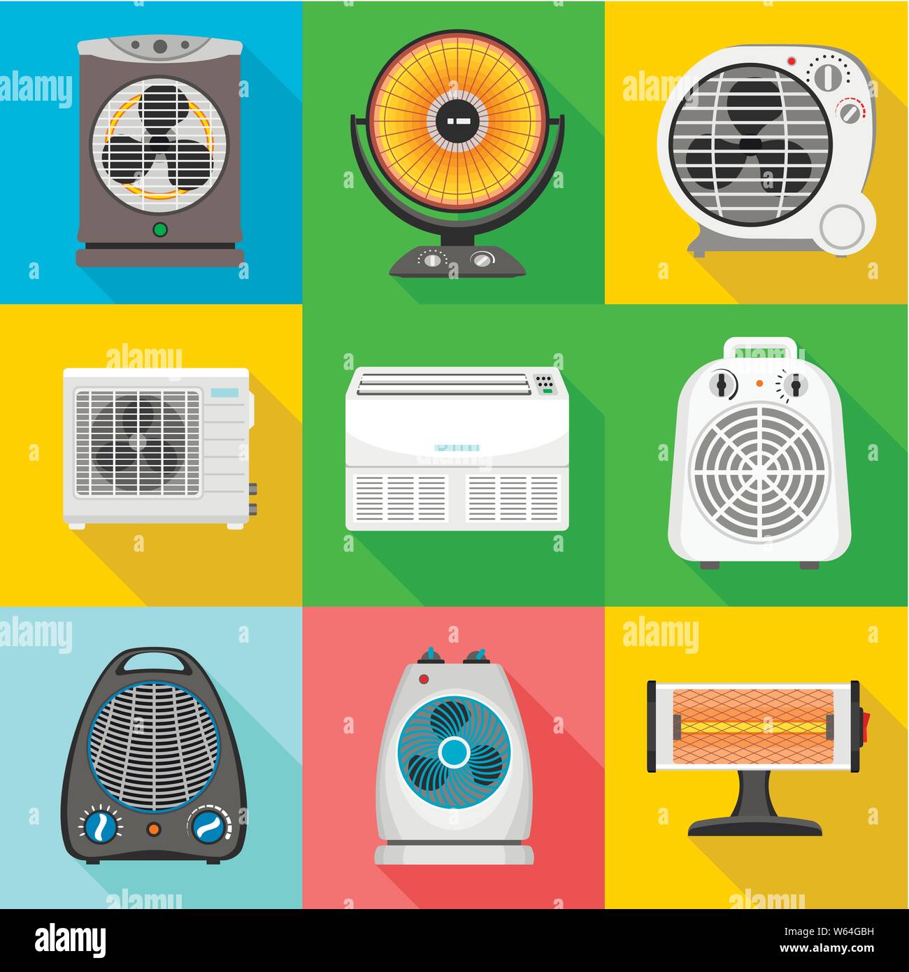 Fan heater icon set. Flat set of 9 fan heater vector icons for web