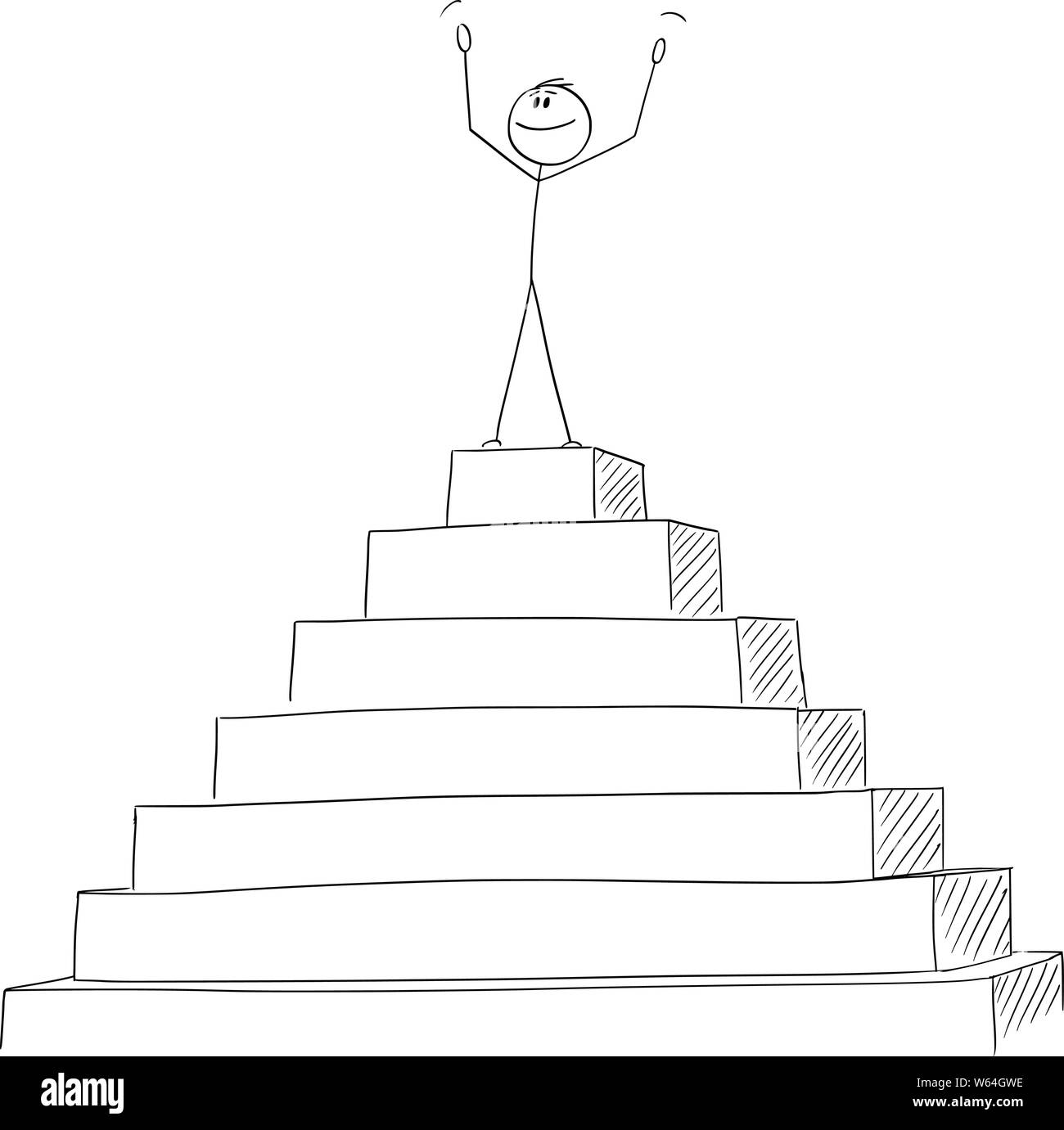 Vector cartoon stick figure drawing conceptual illustration of successful man or businessman celebrating victory on the peak of the pyramid. Business concept of success. Stock Vector