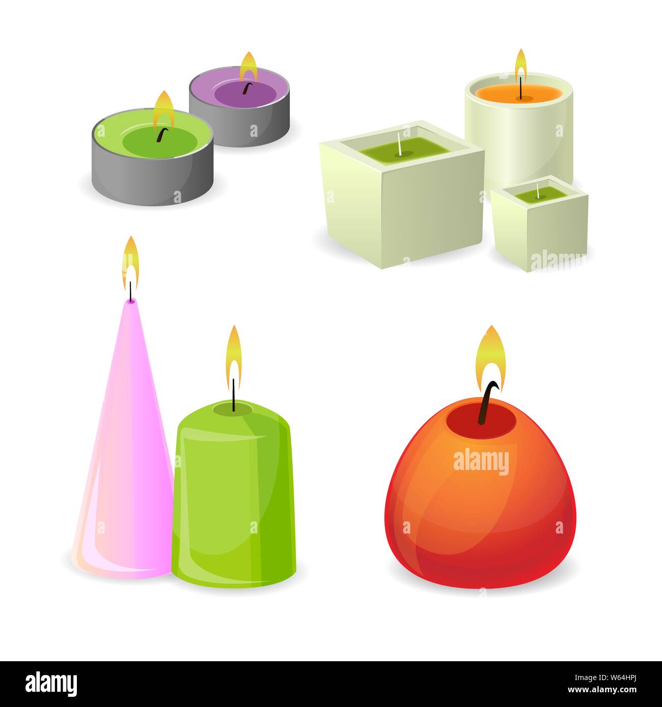 Collection of different aroma candles for relax. Little relaxation flame Stock Vector