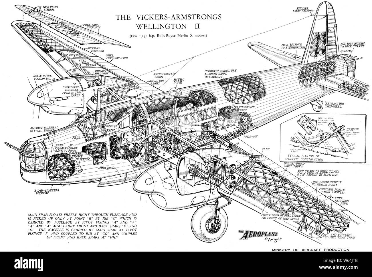Cutaway drawing of the Vickers Wellington B Mark II bomber, circa 1943 Stock Photo