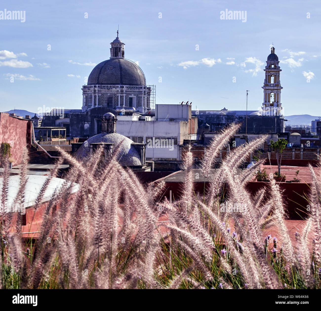 Mexico, Puebla de los Angeles,Rooftop view over the cathedral from the terrace of the Amparo Museum in Puebla. Stock Photo