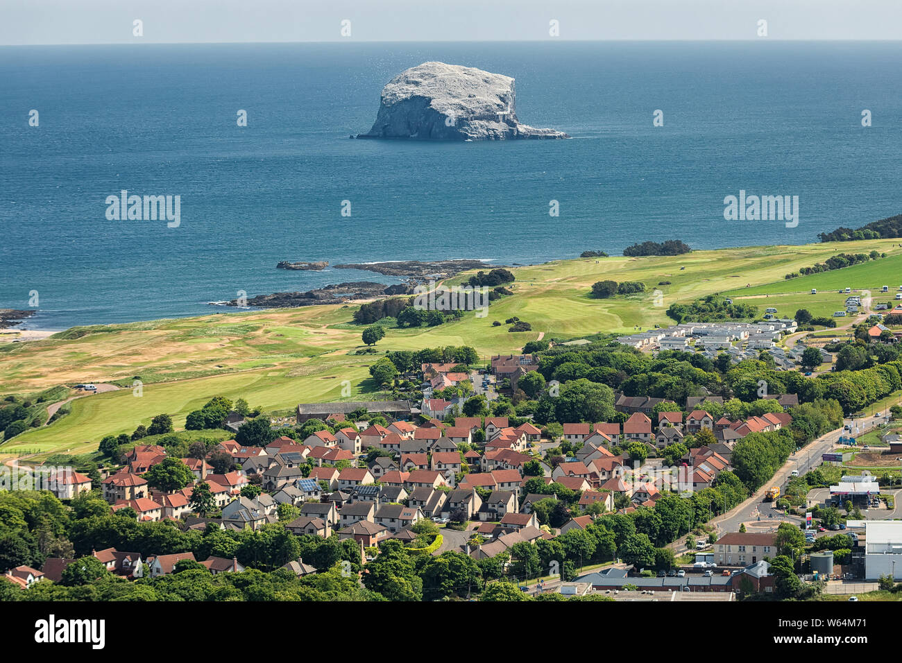 View on Bass Rock and North Berwick  from above North Berwick Law, Scotland. North Sea. Bass Rock island where live colony of northern gannets. Stock Photo