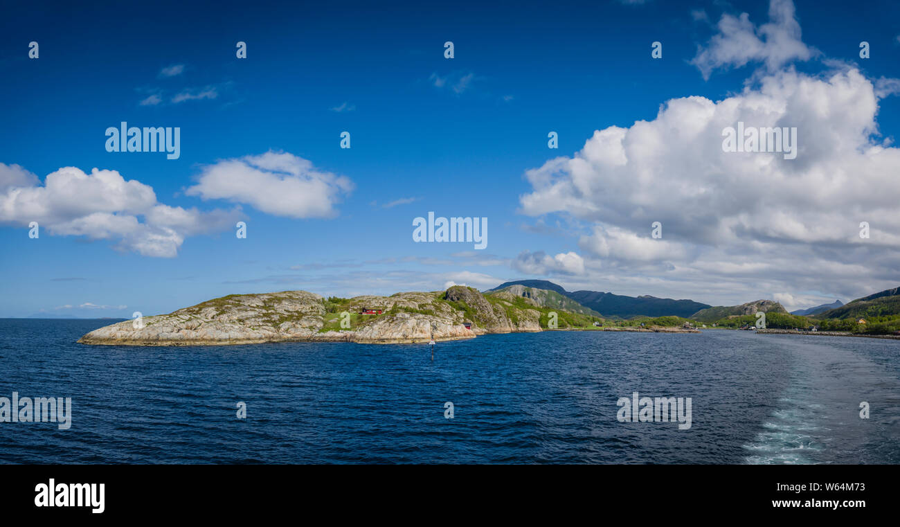 View from ferry sailing from mainland to Leka Island, Norway. Stock Photo