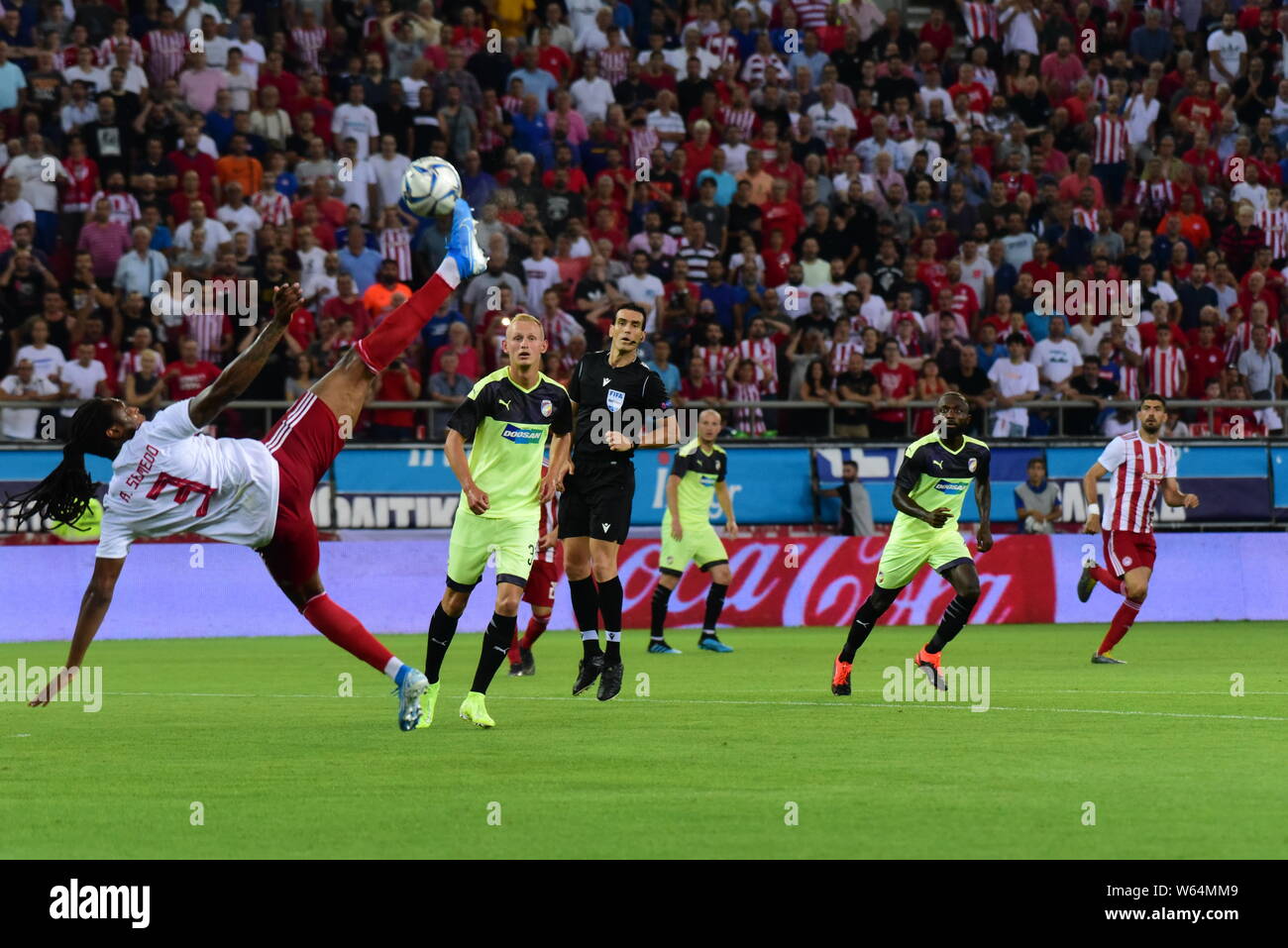 Belgrade. 24th July, 2019. Crvena Zvezda's Milan Rodic (R) vies with HJK's  Nikolai Alho (L) during UEFA Champions League first leg of the second  qualifying round between Serbia's Crvena Zvezda and Finland's