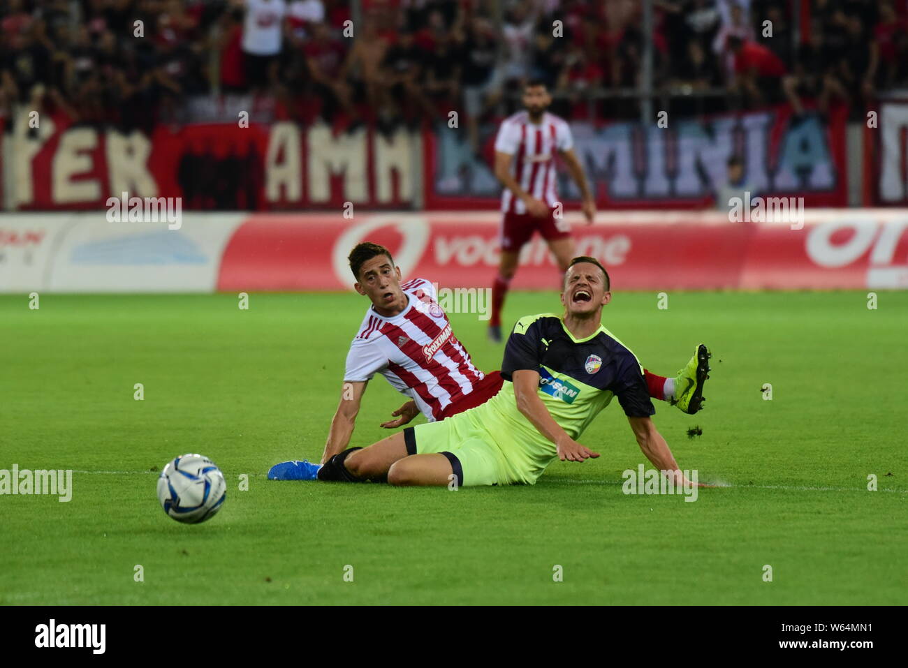 Piraeus, Greece. 30th July, 2019. Kostas Tsimikas (no 21) of Olympiacos has  committed foul to Jan Kopic (no 10) of Viktoria Plzen. Credit: Dimitrios  Karvountzis/Pacific Press/Alamy Live News Stock Photo - Alamy