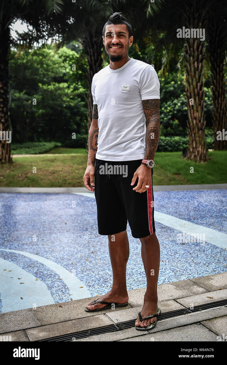 Brazilian football player Paulinho of Guangzhou Evergrande Taobao receives an exclusive interview in Guangzhou city, south China's Guangdong province, Stock Photo