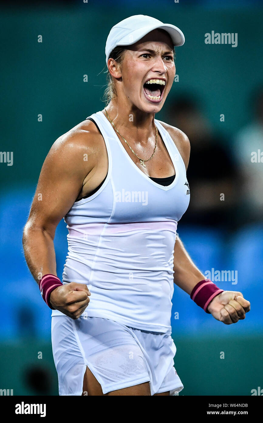 Yulia Putintseva of Kazakhstan reacts after scoring against Bernarda of the in their semifinal match the WTA Guangzhou International W Stock Photo - Alamy