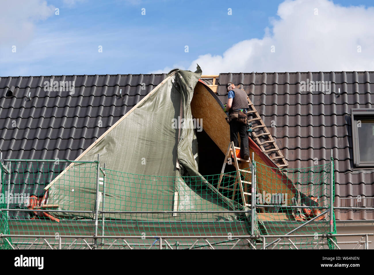 Roofer stands unsecured on a ladder Stock Photo