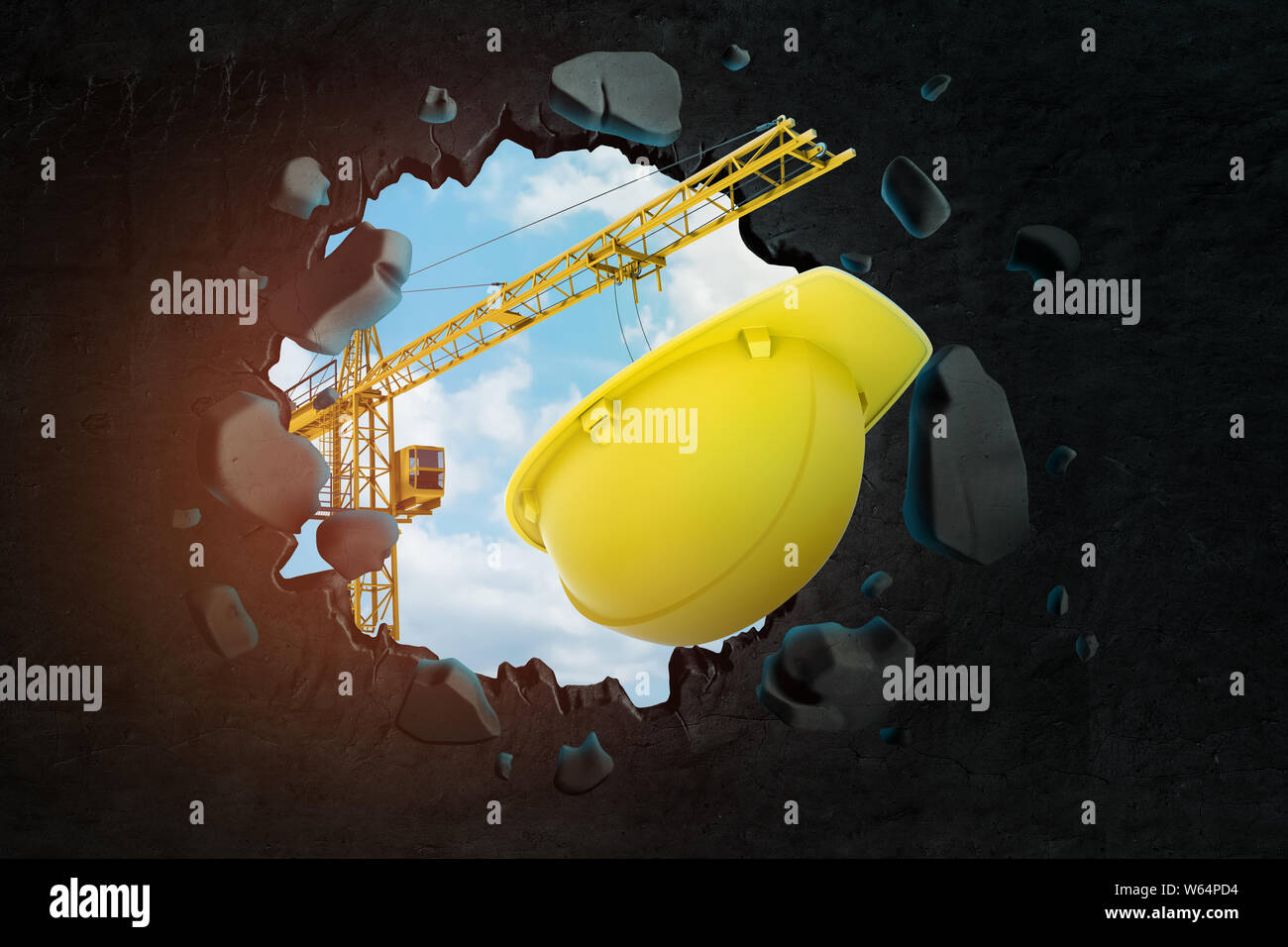 3d rendering of construction crane and yellow hard hat breaking black wall Stock Photo