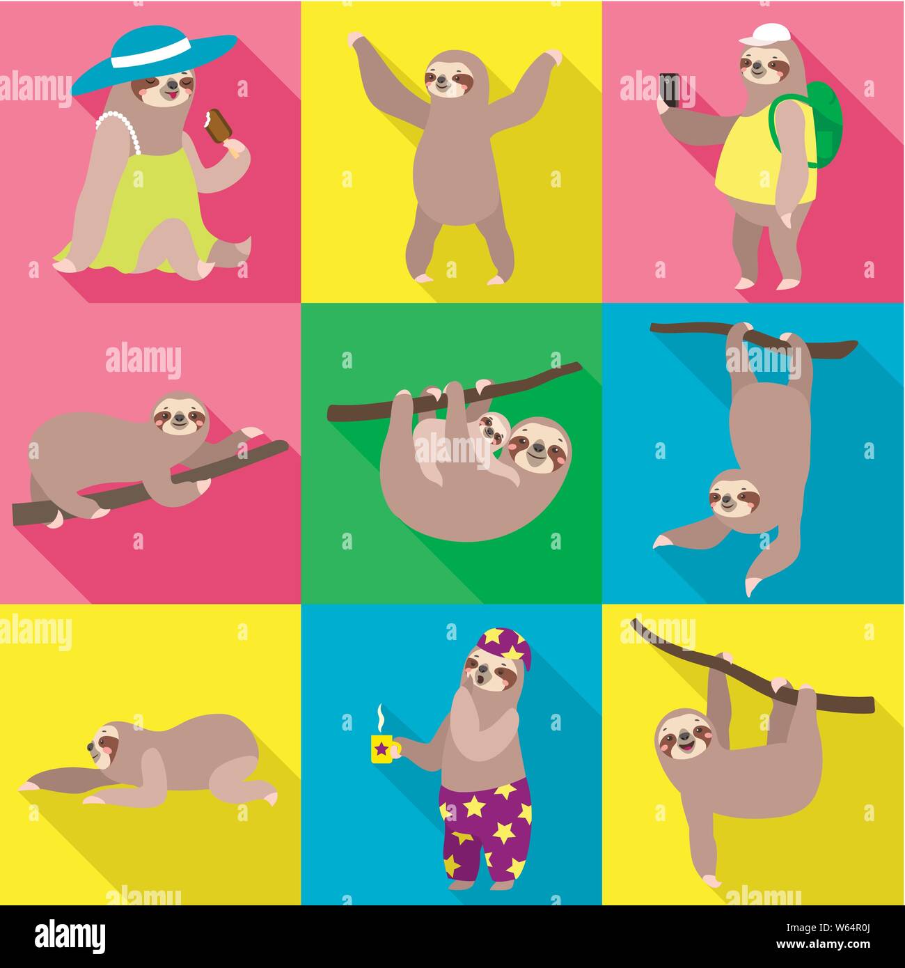 Wild sloth icon set. Flat set of 9 wild sloth vector icons for web design isolated on white background Stock Vector