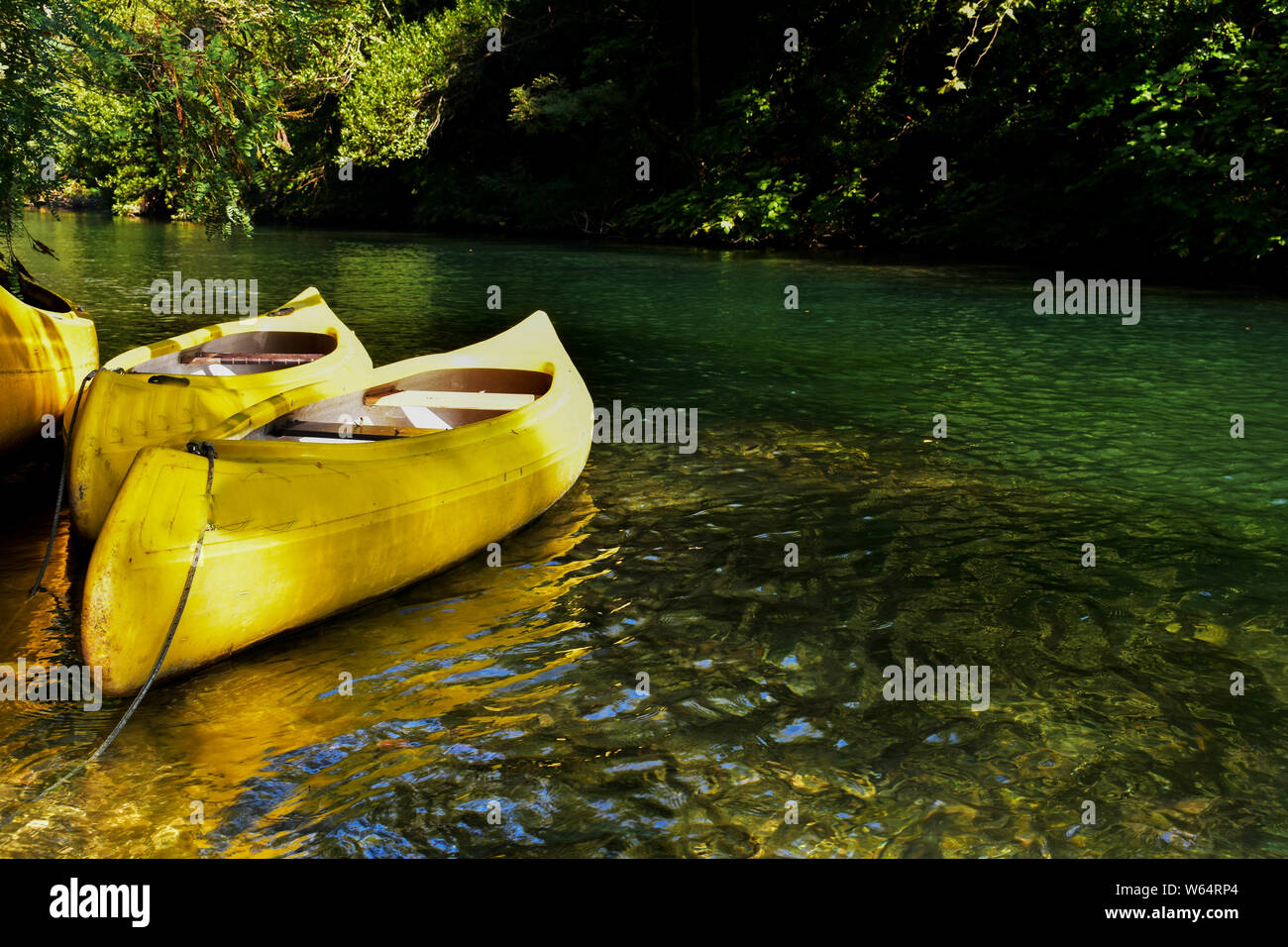 Kayaking on peaceful calm water/ Yellow kayak at beautiful green river/ Conceptual image of sport and recreation Stock Photo