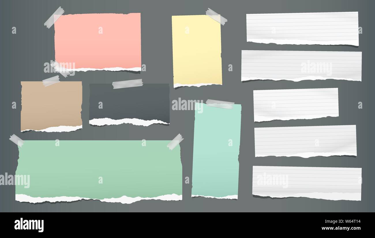 White colorful ripped, torn note, notebook paper strips, stuck with ...