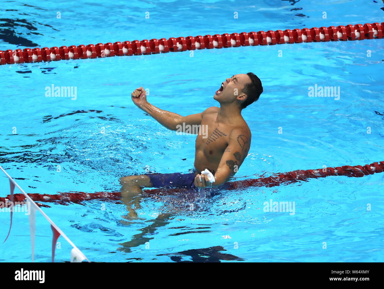 Yu Hexin of China celebrates after winning the men's 4x100 medley relay swimming final during the 2018 Asian Games, officially known as the 18th Asian Stock Photo