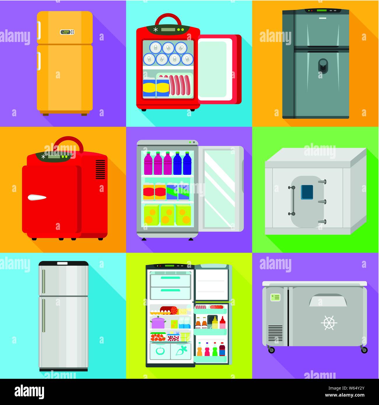 Home fridge icon set. Flat set of 9 home fridge vector icons for web design isolated on white background Stock Vector