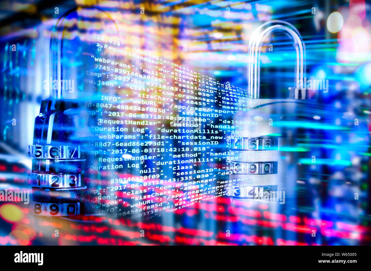 Programming code with combination lock and abstract technical background Stock Photo