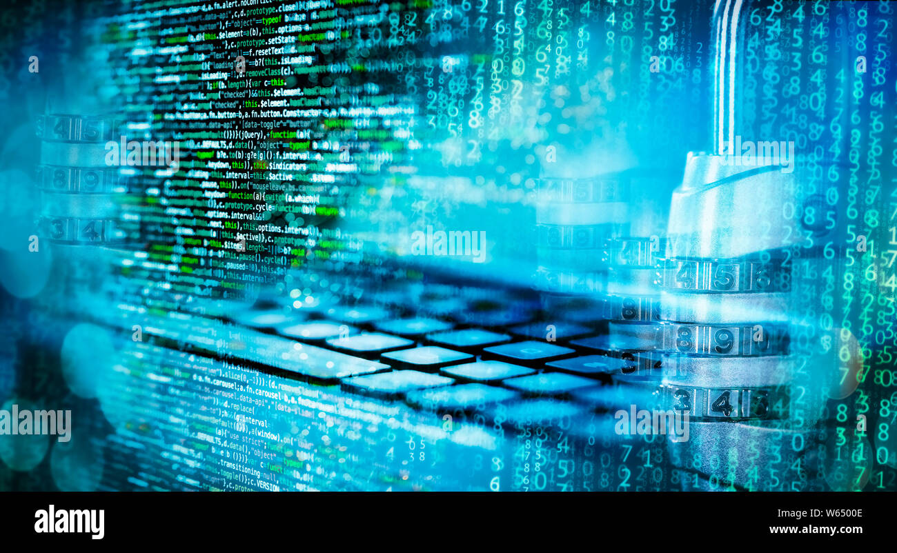 Programming code with combination lock, matrix, computer and abstract technical background in blue Stock Photo