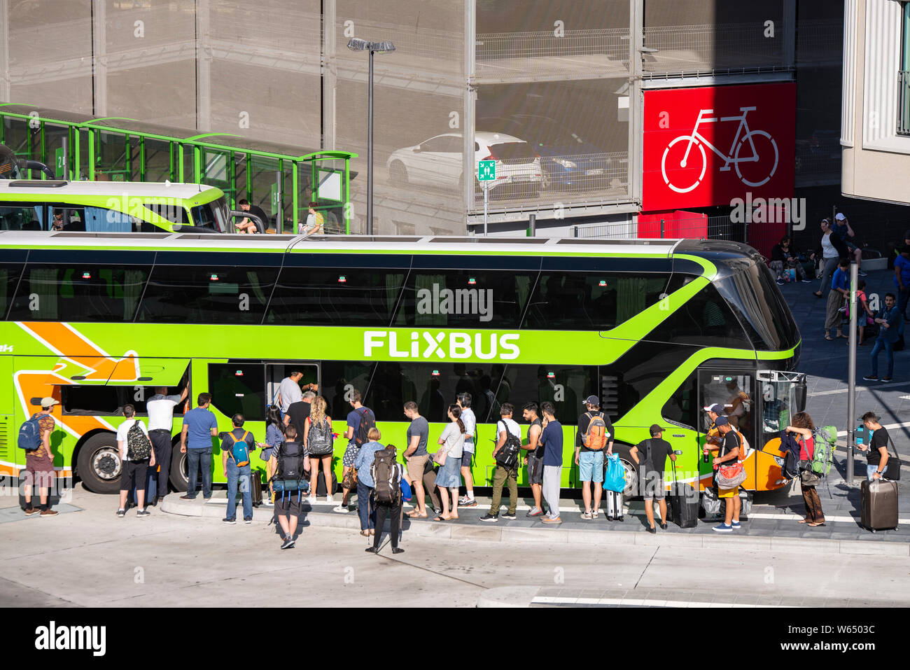 Flixbusses at the bus station in Frankfurt am Main at the Stuttgarter Straße 26 Stock Photo