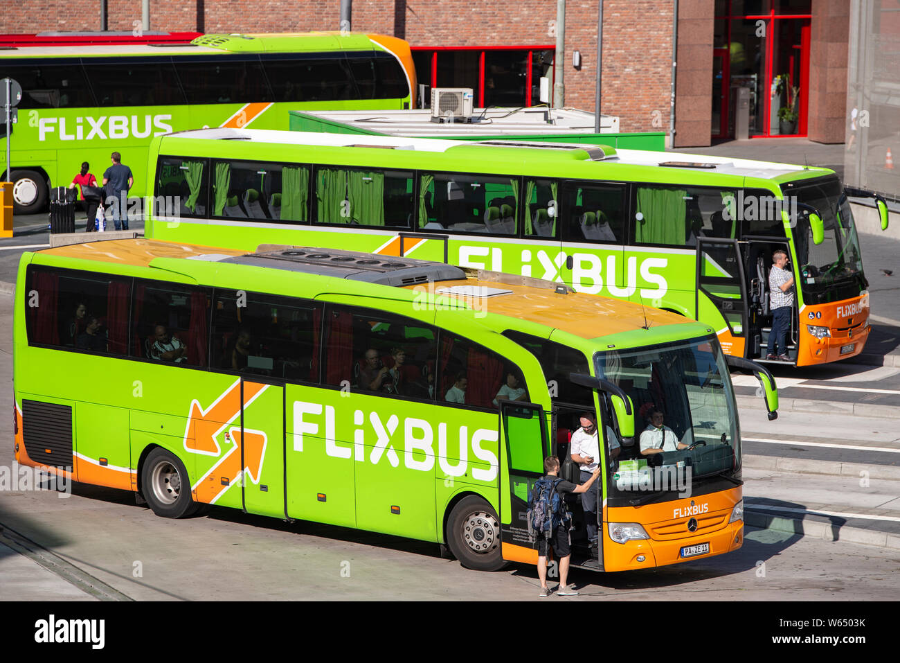 Flixbusses at the bus station in Frankfurt am Main at the Stuttgarter Straße 26 Stock Photo