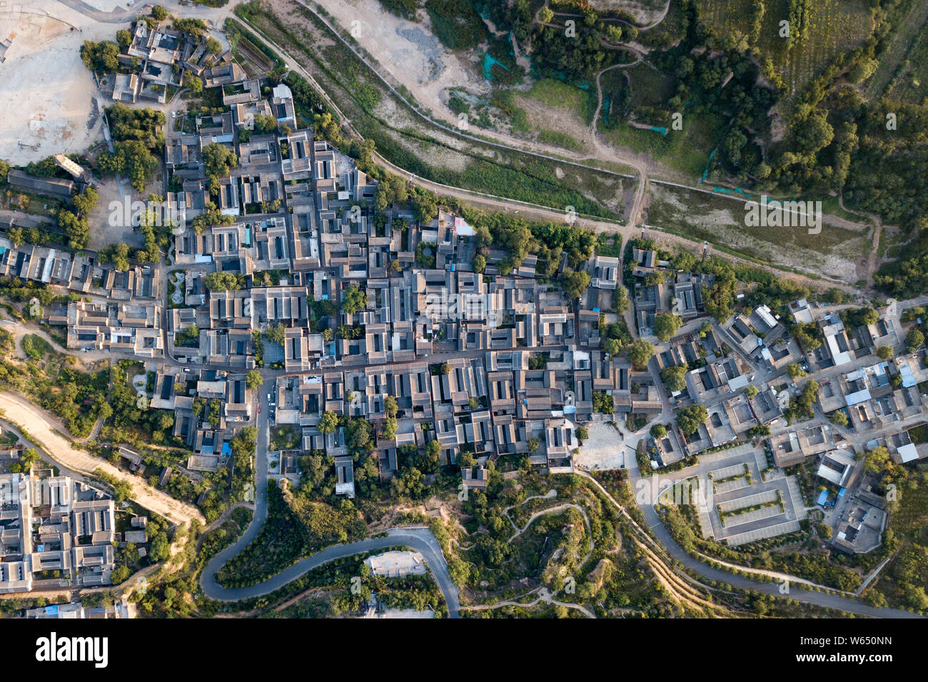 Aerial view of the 'small Beijing' with a group of the Siheyuan or Courtyards in Dangjia village, Hancheng city, Weinan city, northwest China's Shaanx Stock Photo