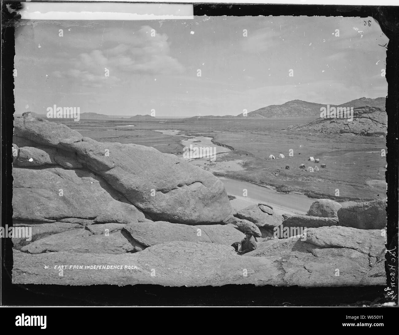 East from Independence Rock, Fort Ridge on right. View extends to upper end of Pathfinder Reservoir. Natrona County, Wyoming. Stock Photo