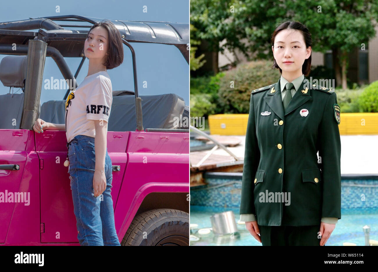 This composite photo shows female Chinese soldier An Xian before and