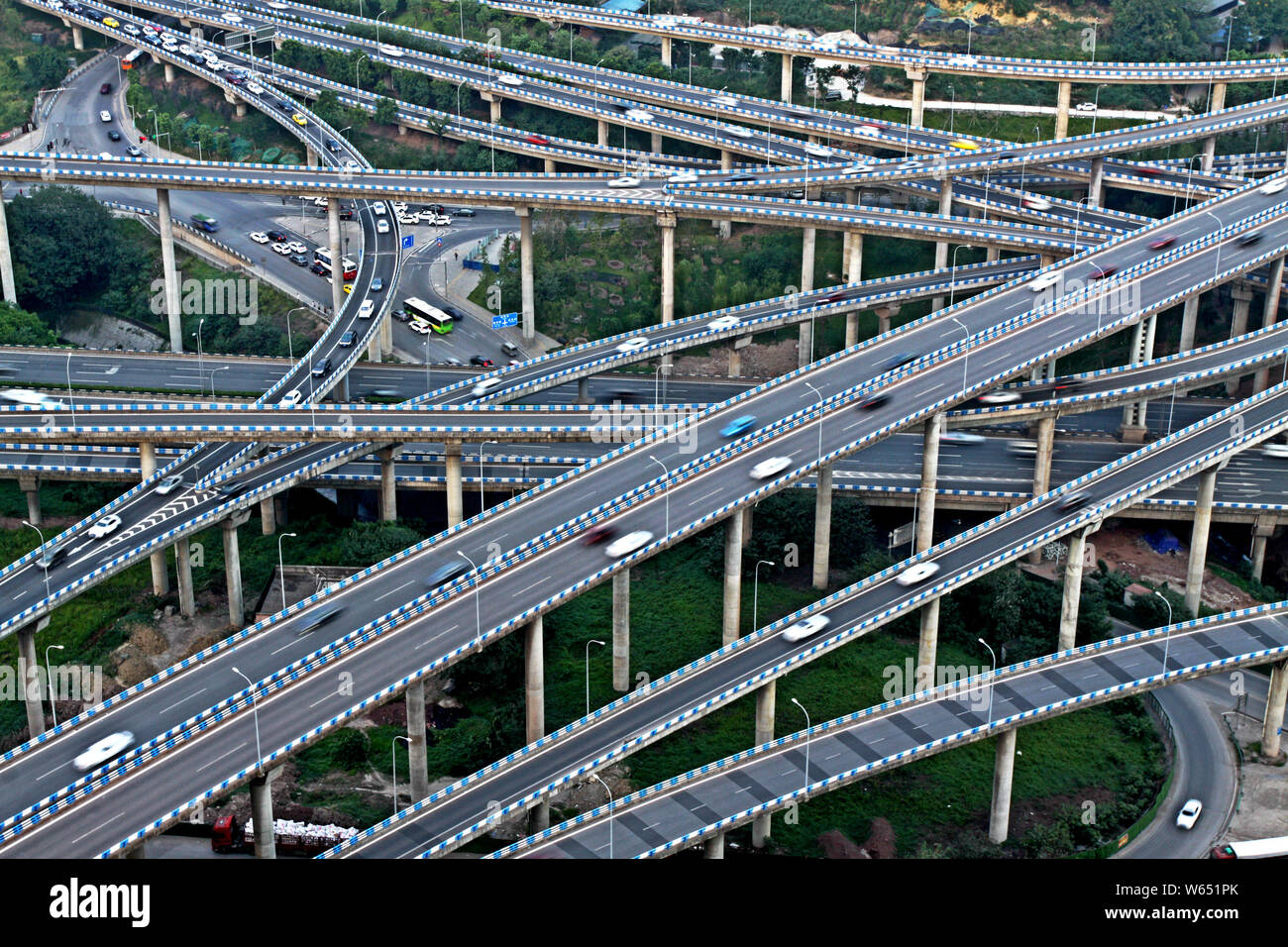 In this aerial view, cars drive on the fivelevel Huangjuewan overpass
