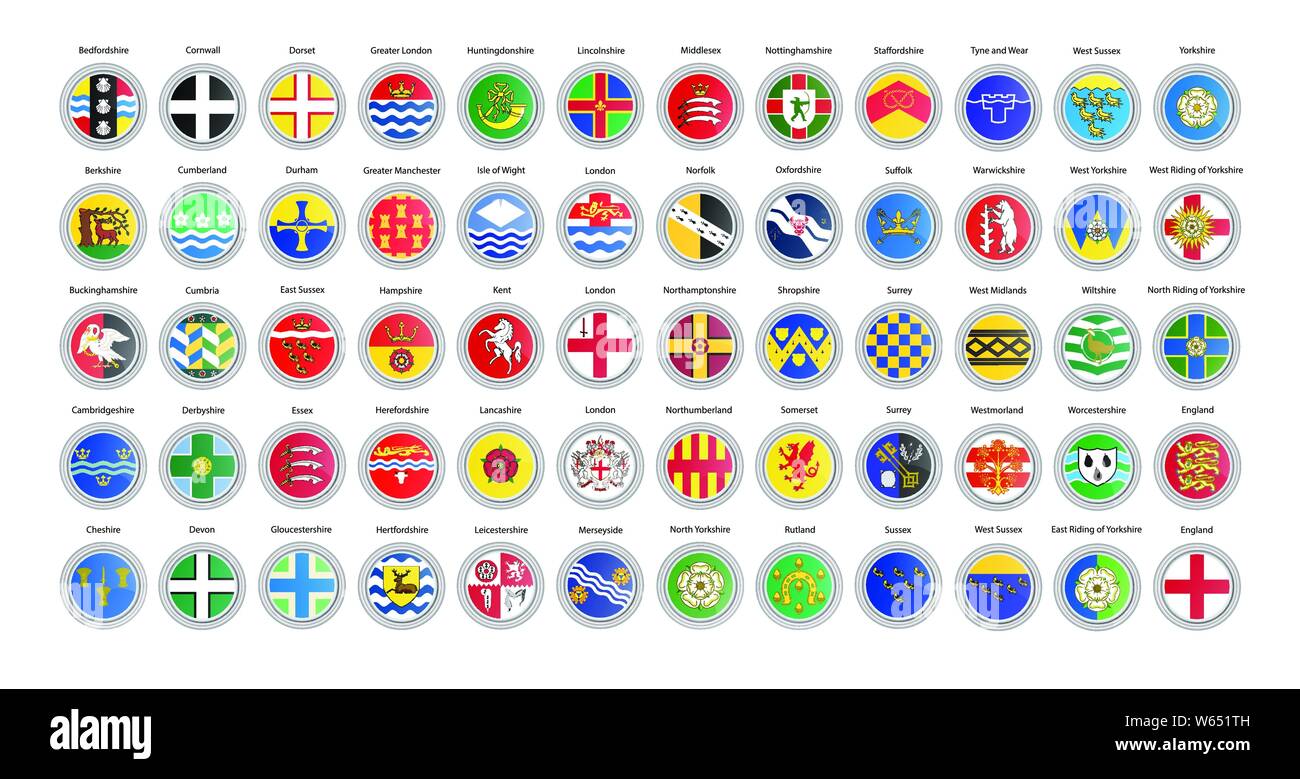 Set of vector icons. Counties of England flags. 3D illustration. Stock Vector