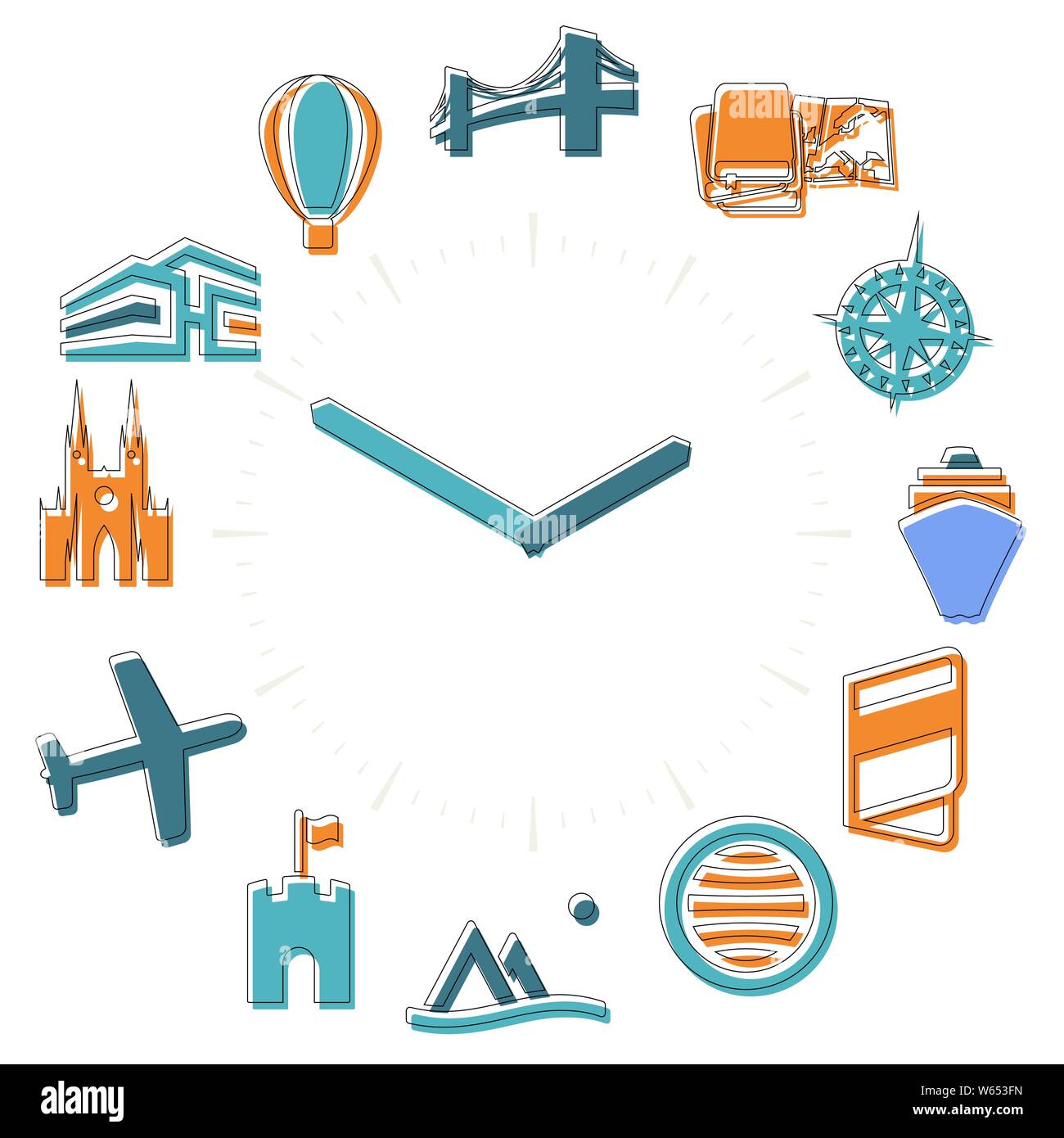 Vector illustration. Travel time. Activities icons in a watch sphere with hours. Stock Vector