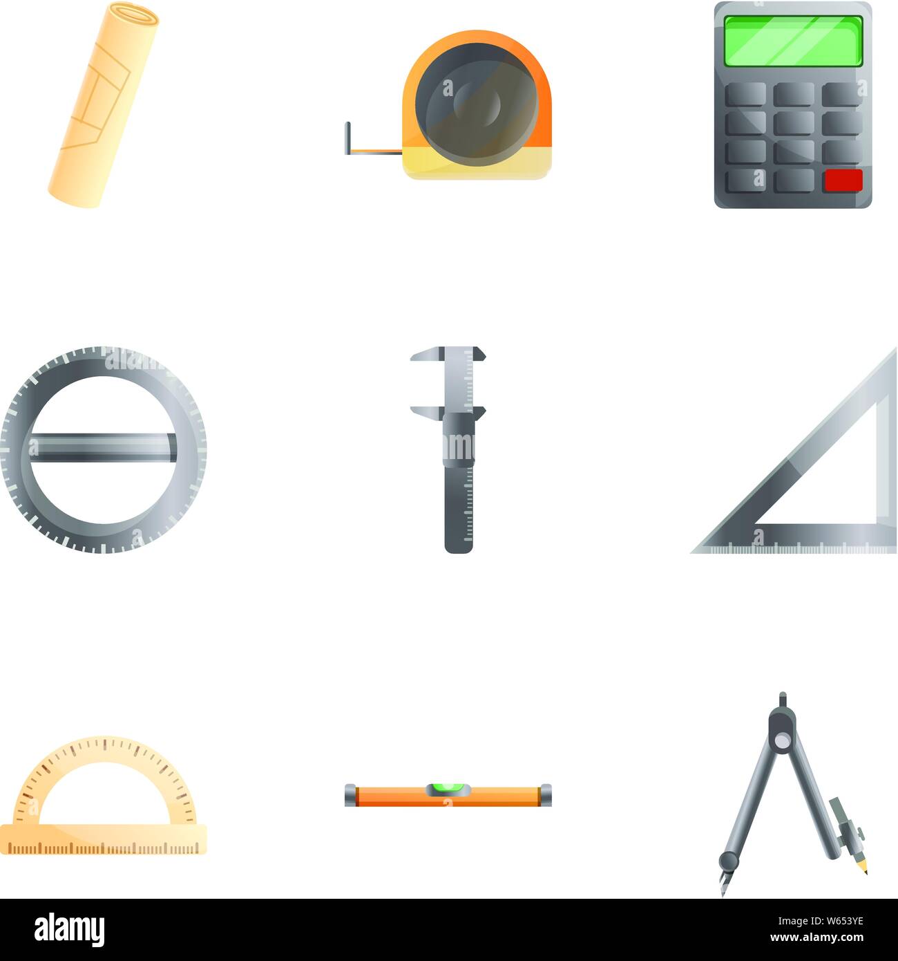 Technical & engineering drawing tools. Vector flat icon set. Architect  drafting instrument. Isolated object Stock Vector