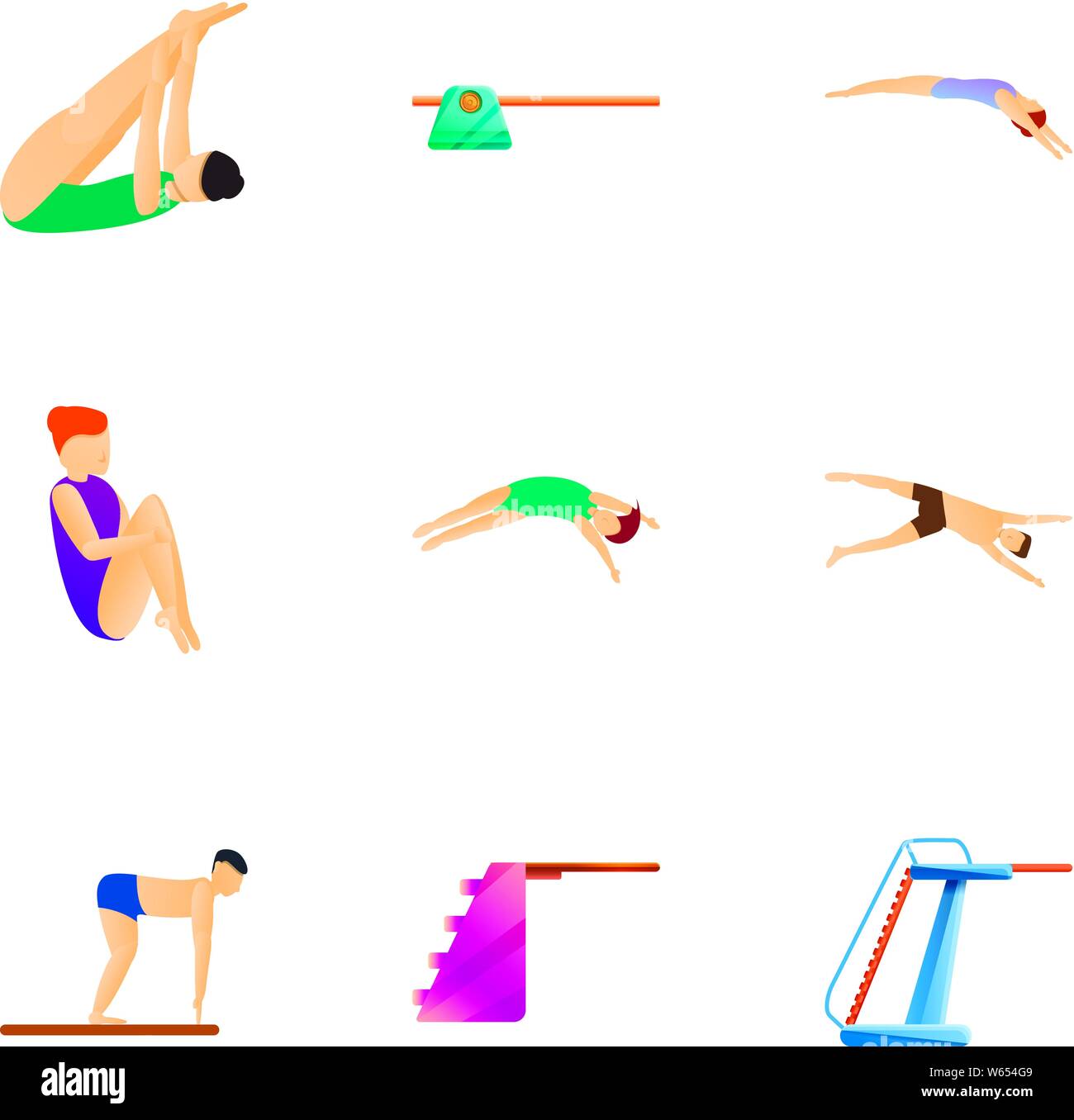 Diving board jump icon set. Cartoon set of 9 diving board jump vector
