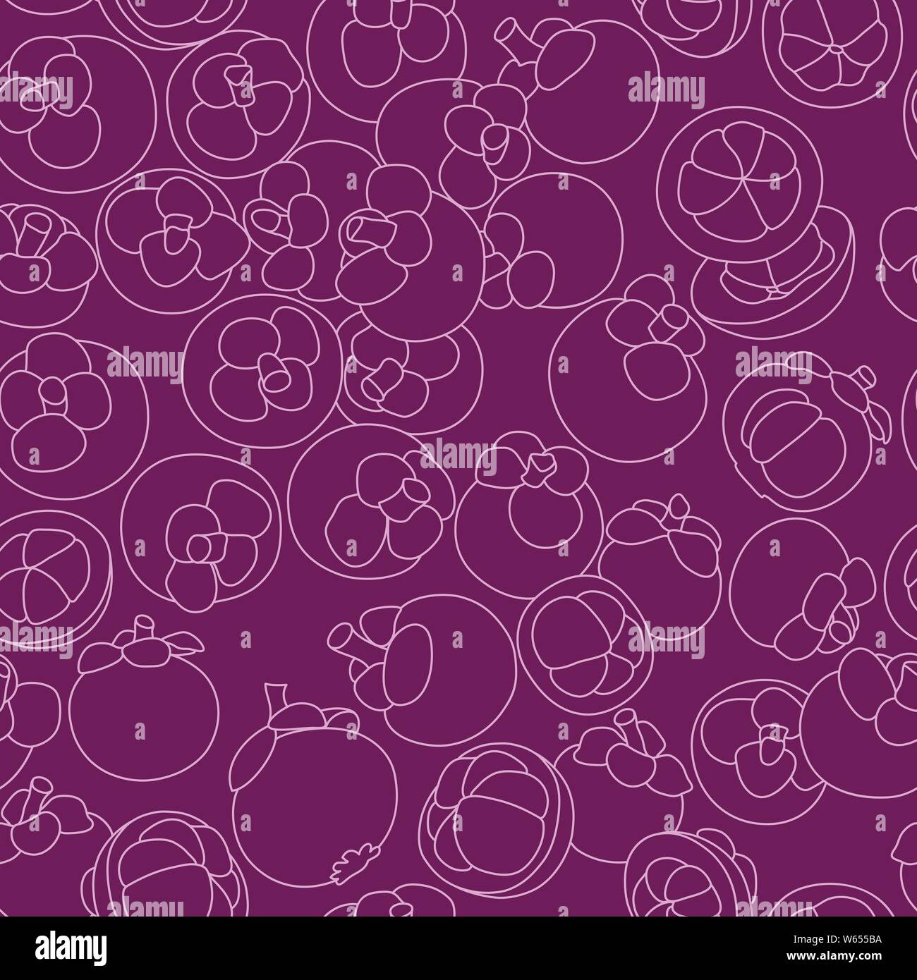 Artistic and Detailed Mangosteen Fruit Line Drawing Seamless Pattern on Purple Background. Hand-drawn Asia Fruit Design for Packaging, Printing, Poste Stock Vector