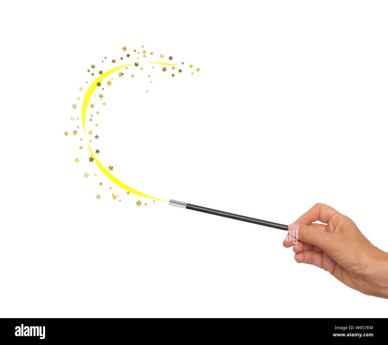 Magic wand in hand with flourish, gold stars, for frame, border. Iolated on white background. Stock Photo