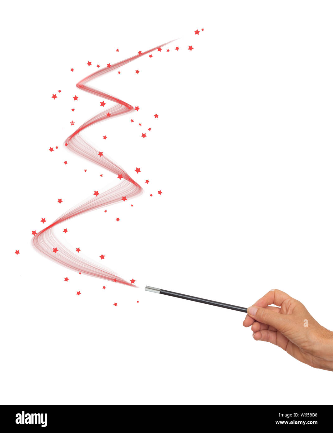 Magic wand in hand with zigzag flourish, red stars. Isolated on white background. Stock Photo