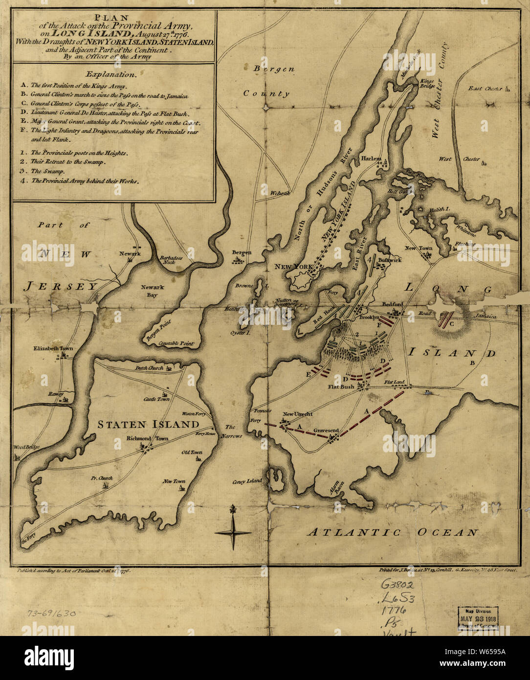American Revolutionary War Era Maps 1750-1786 765 Plan of the attack on the provincial army on Long Island August 27th 1776 With the draughts of New York Rebuild and Repair Stock Photo