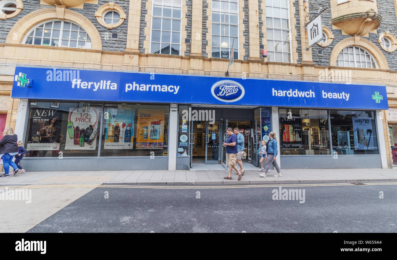 Aberystwyth, Wales / UK - July 20th 2019 - Boots shop front. Boots is a health and beauty retailer and pharmacy chain in the UK Stock Photo