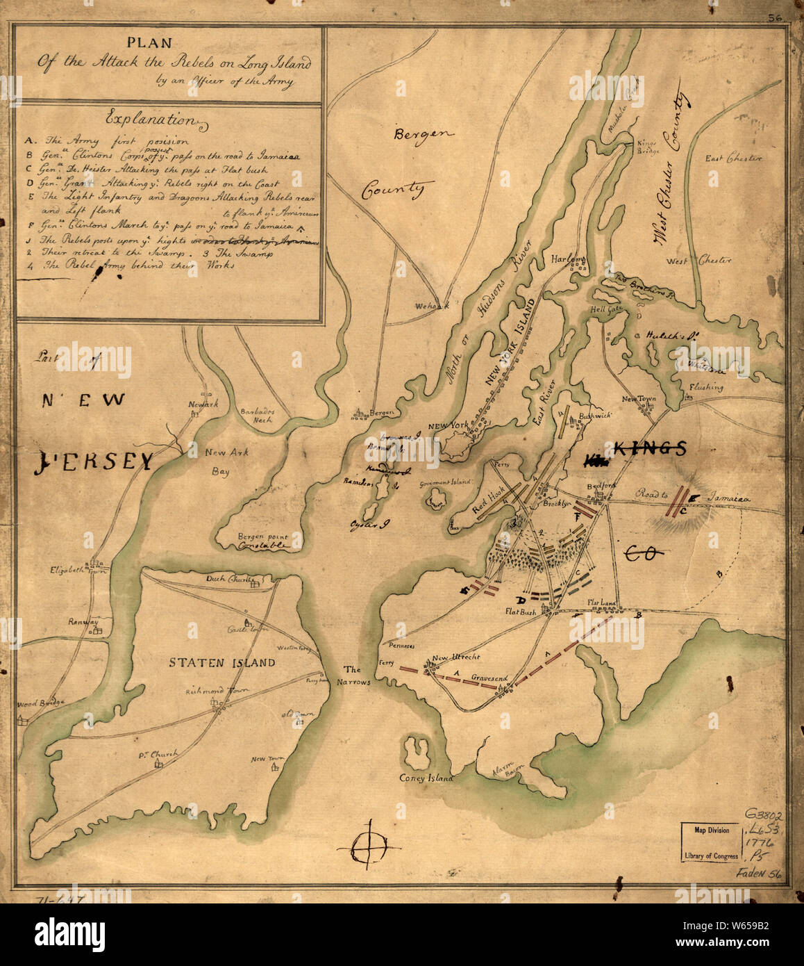 American Revolutionary War Era Maps 1750-1786 766 Plan of the attack the rebels on Long Island by an officer of the Army Rebuild and Repair Stock Photo