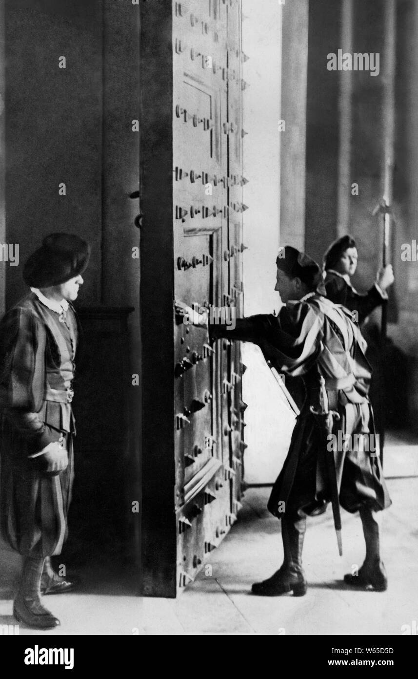 Swiss papal guards during the first complete opening of the bronze door, 1920 Stock Photo