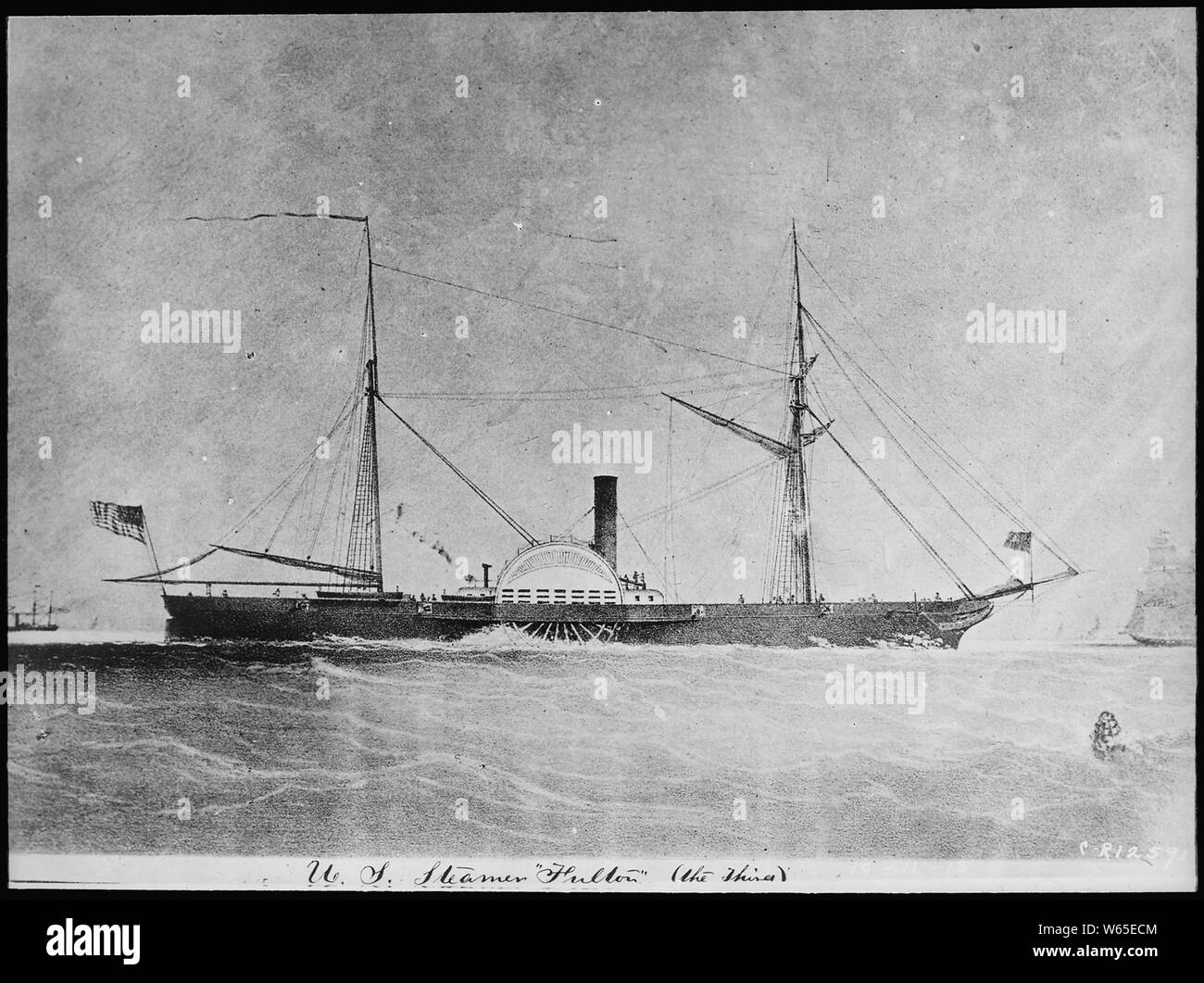 Fulton, starboard side, underway; Scope and content:  The Fulton, a side-wheel steamer, was commissioned in 1837. General notes:  Artwork. Stock Photo