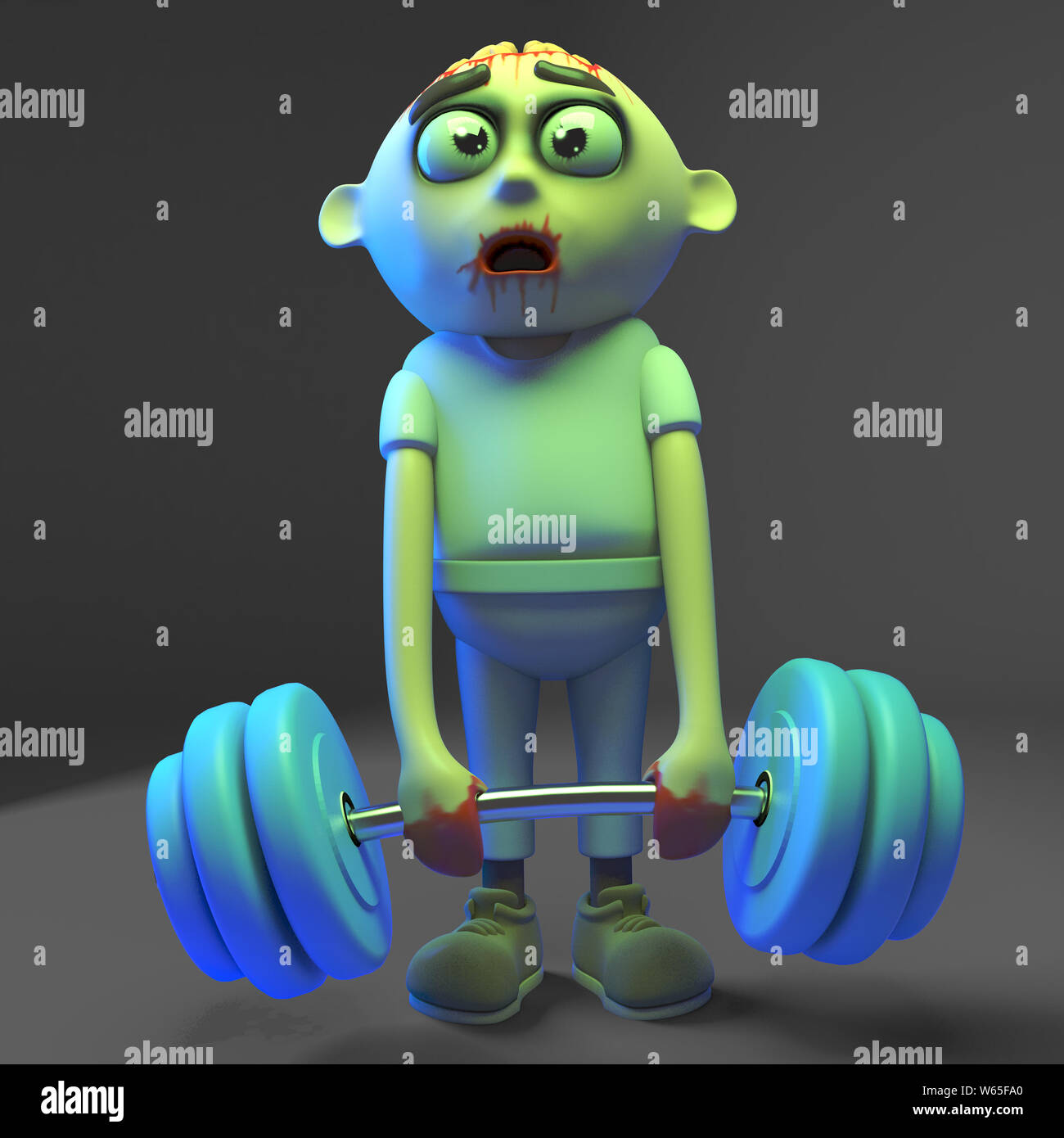 Feeble zombie monster is bodybuilding but will hurt himself with those weights, 3d illustration render Stock Photo