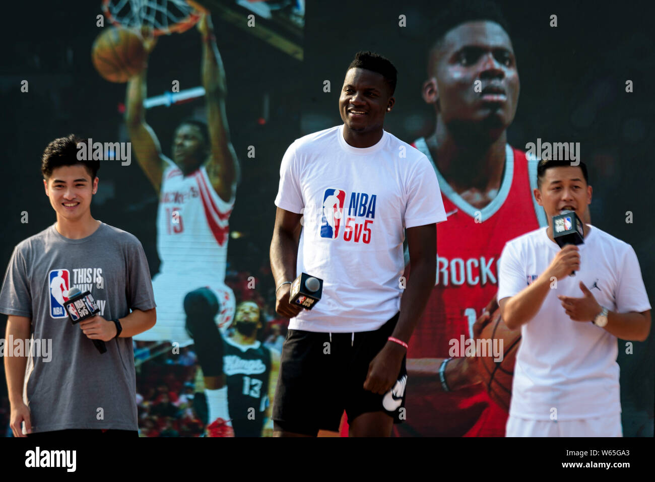 NBA star Clint Capela of Houston Rockets, tallest, attends the NBA 5V5 ...