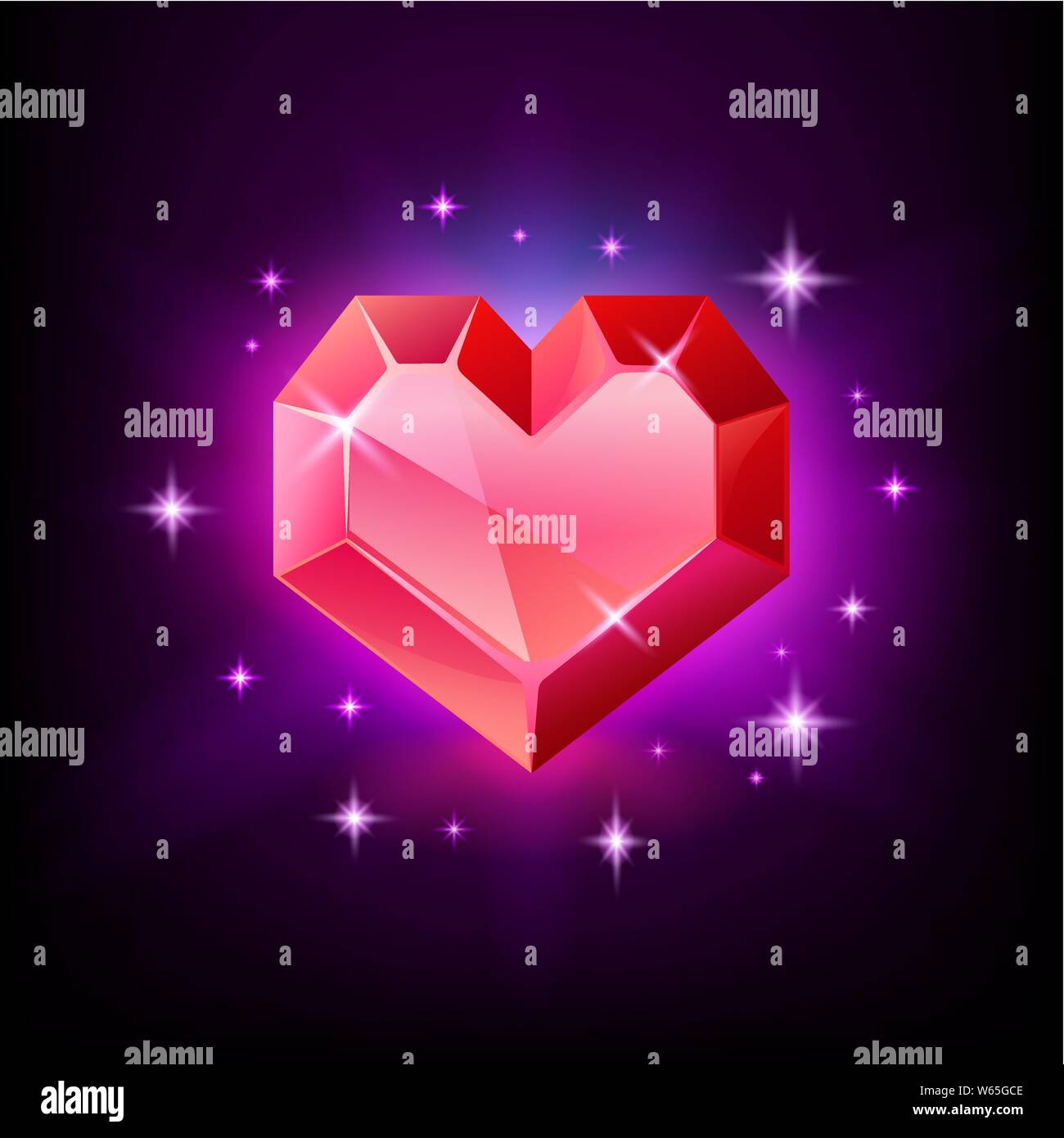 Red heart gemstone, garnet or ruby in the shape of a heart. Glittering gemstone icon on black background vector illustration. Stock Vector