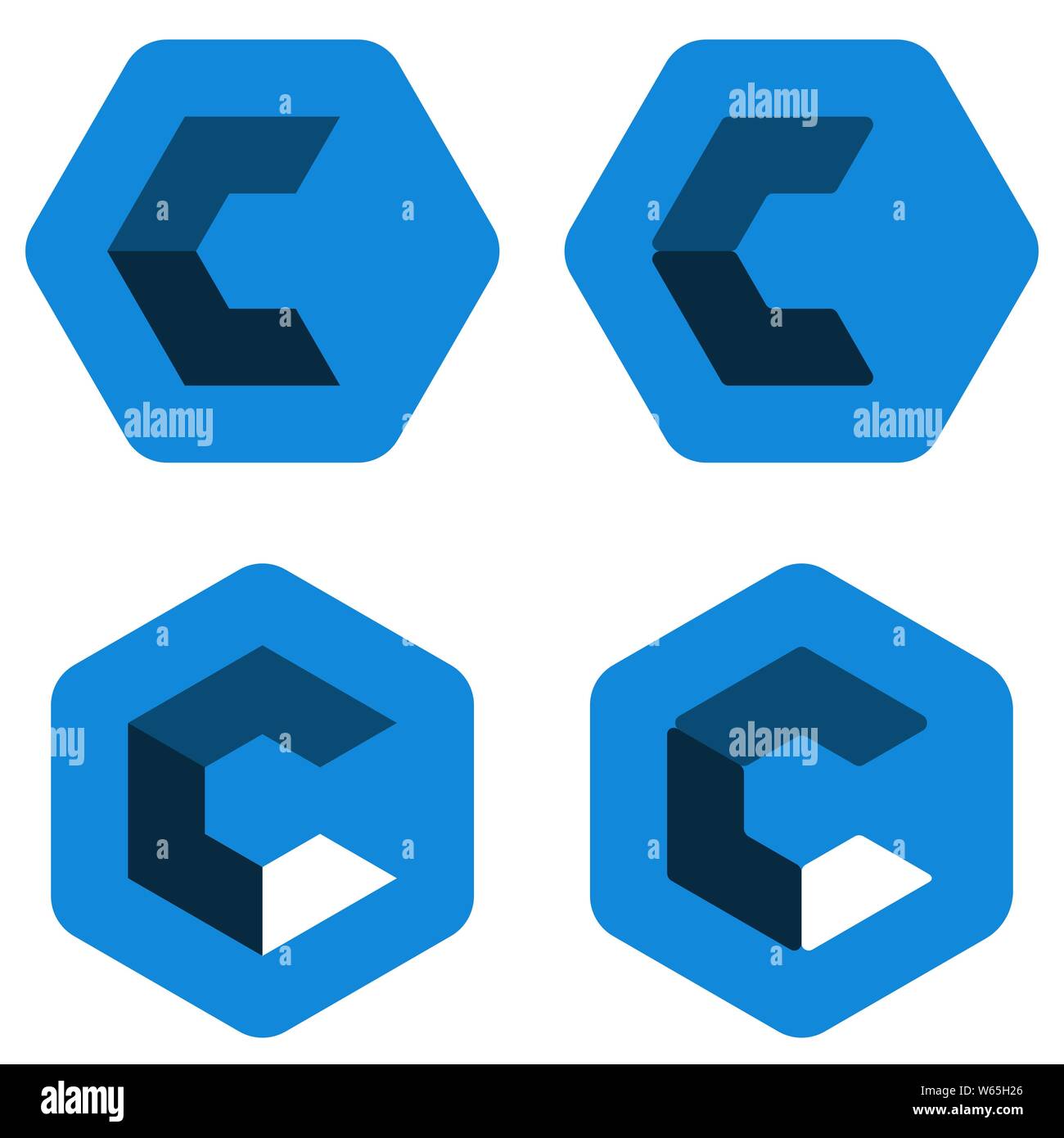 Vector illustration. Hexagon c logo in different positions. Three dimensional. Stock Vector