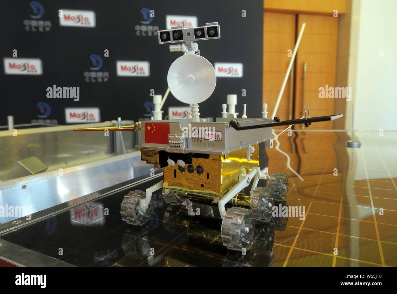 A model of the Chang'e-4 moon rover, which will be used in China's Chang'e-4 lunar mission, is on display at the launch ceremony of the global call fo Stock Photo